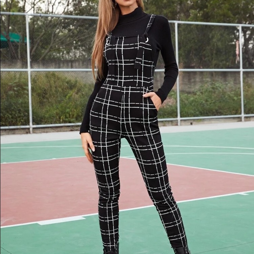 Pocket Detail Plaid Pinafore Jumpsuit